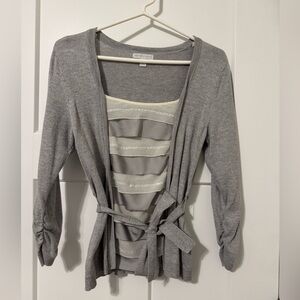New York & Company Gray Cardigan with Cream Accents